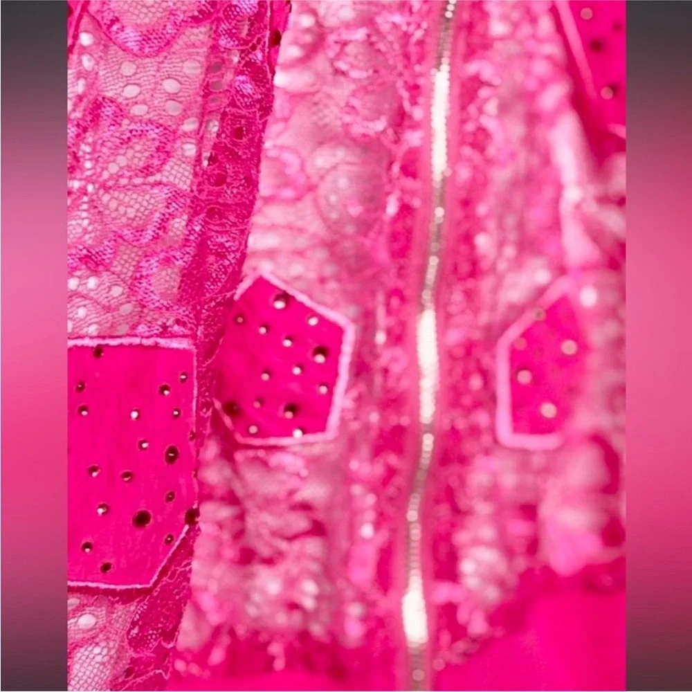 Hot Pink Y2K McBling Japanese Lace Zip-Front T-Shirt Cardigan - Picture 5 of 10